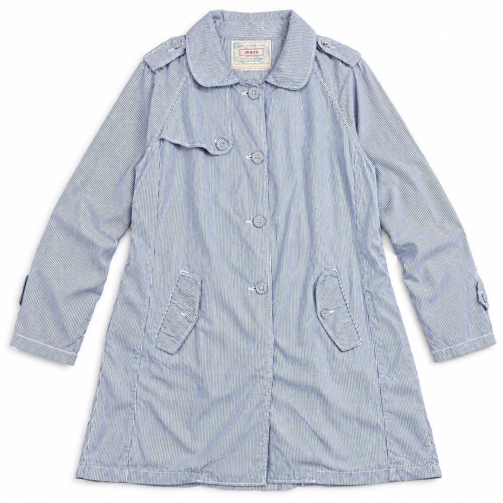 JO & CO Womens Size 42‎ Striped Trench Coat Blue White Cotton Wool Missing Belt